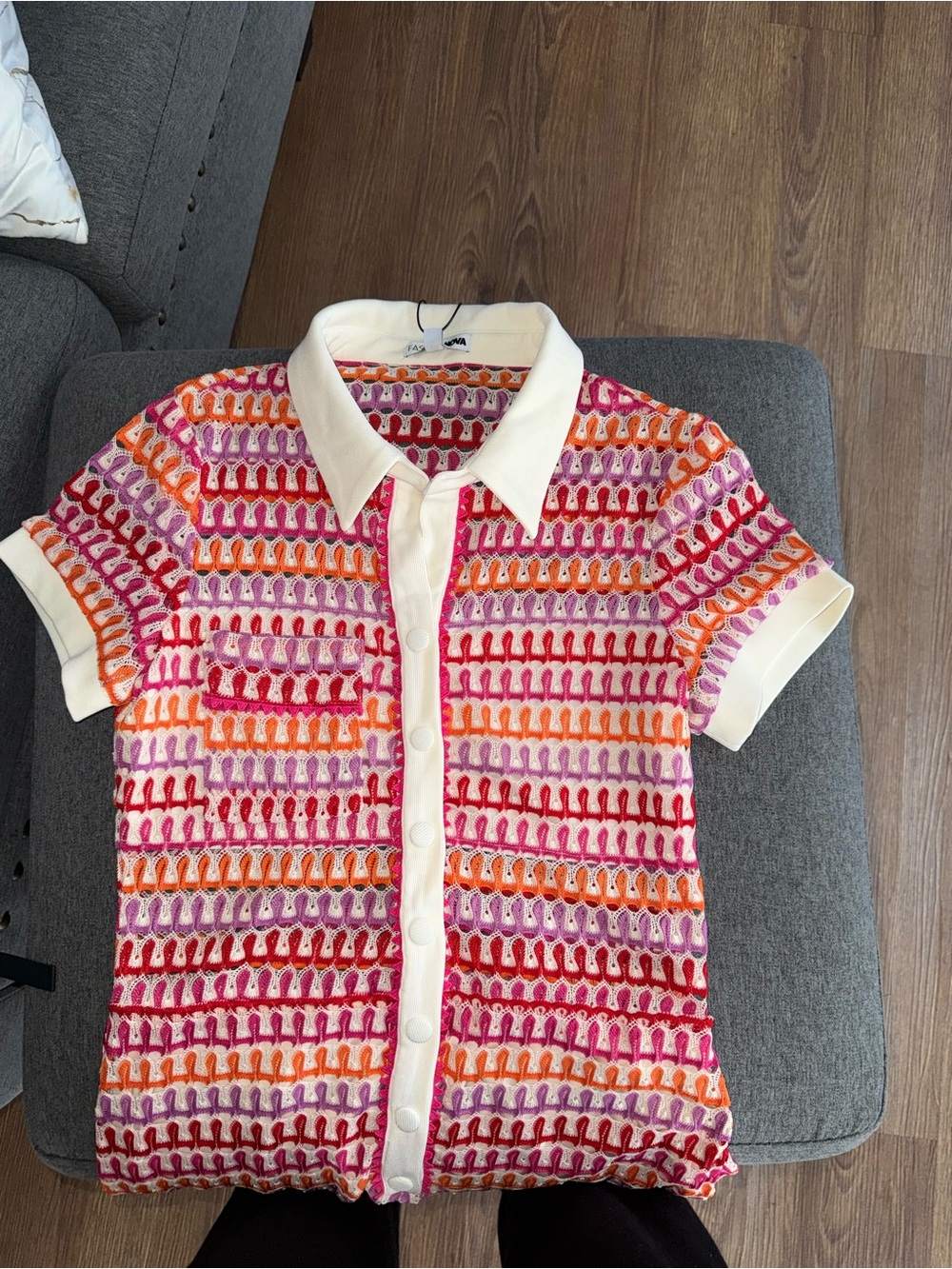 Multicolor Crochet Polo Top with White Trim